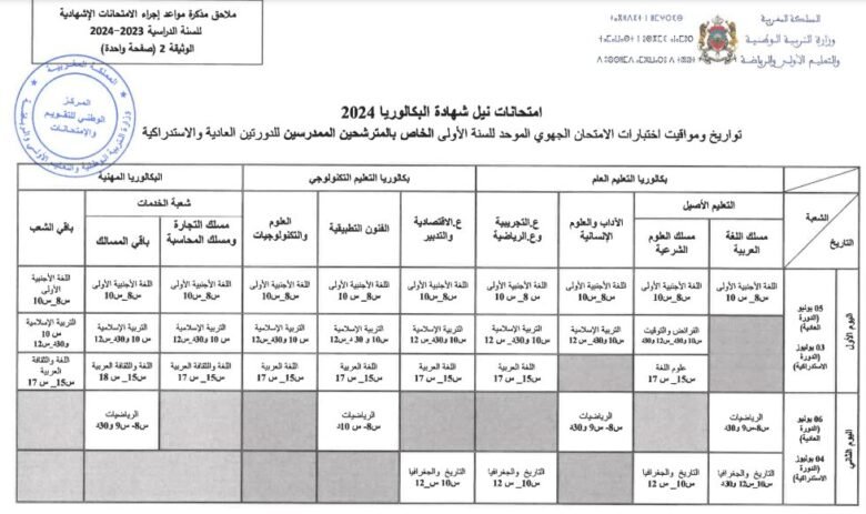  برنامج اختبارات الامتحان الجهوي الموحد للسنة الأولى باك